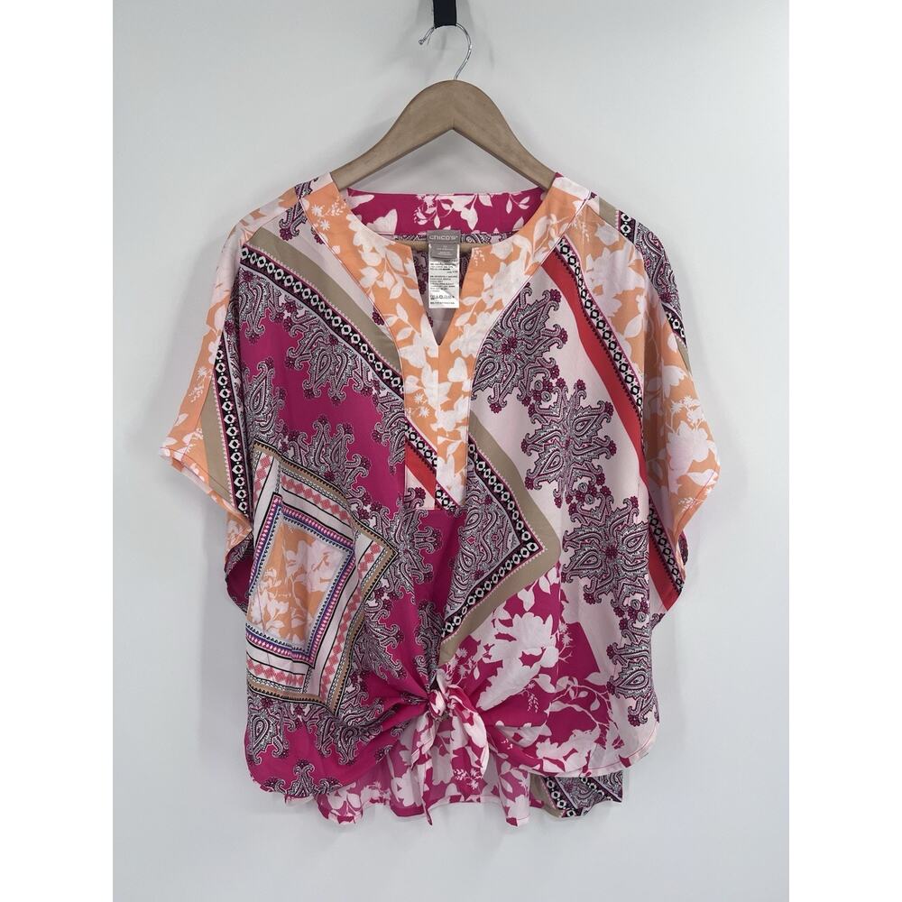 Chicos Bright Color Tie Front Poncho Style Blouse Small (0) 4/6 Pink Orange